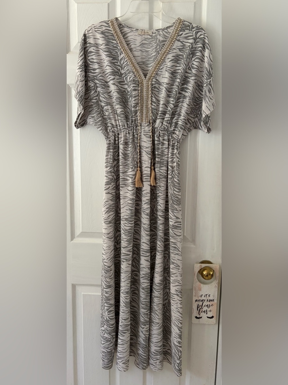 Women’s Gray Zebra Print Maxi Dress with Tassel Tie